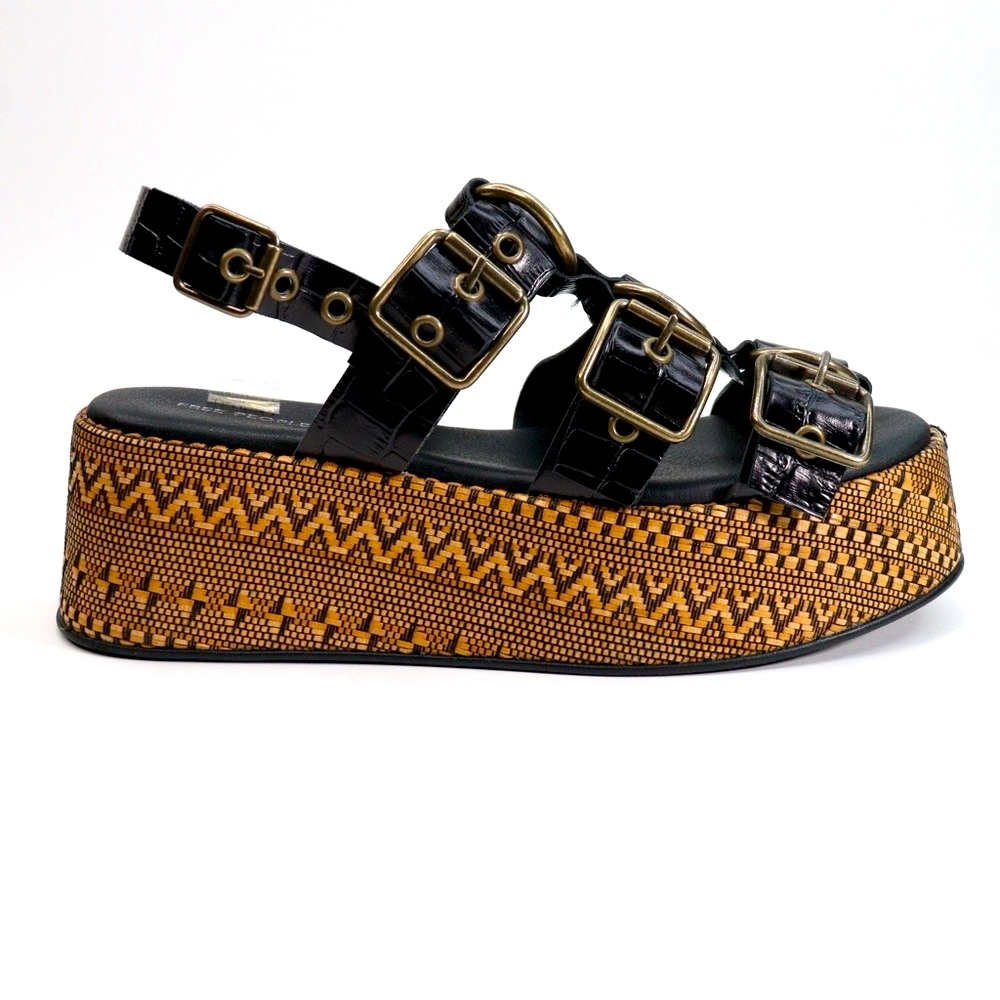 NIB Free People Amor Black/ Gold Flatform Women’s Sandals with Buckle Size 10 - Picture 2 of 16